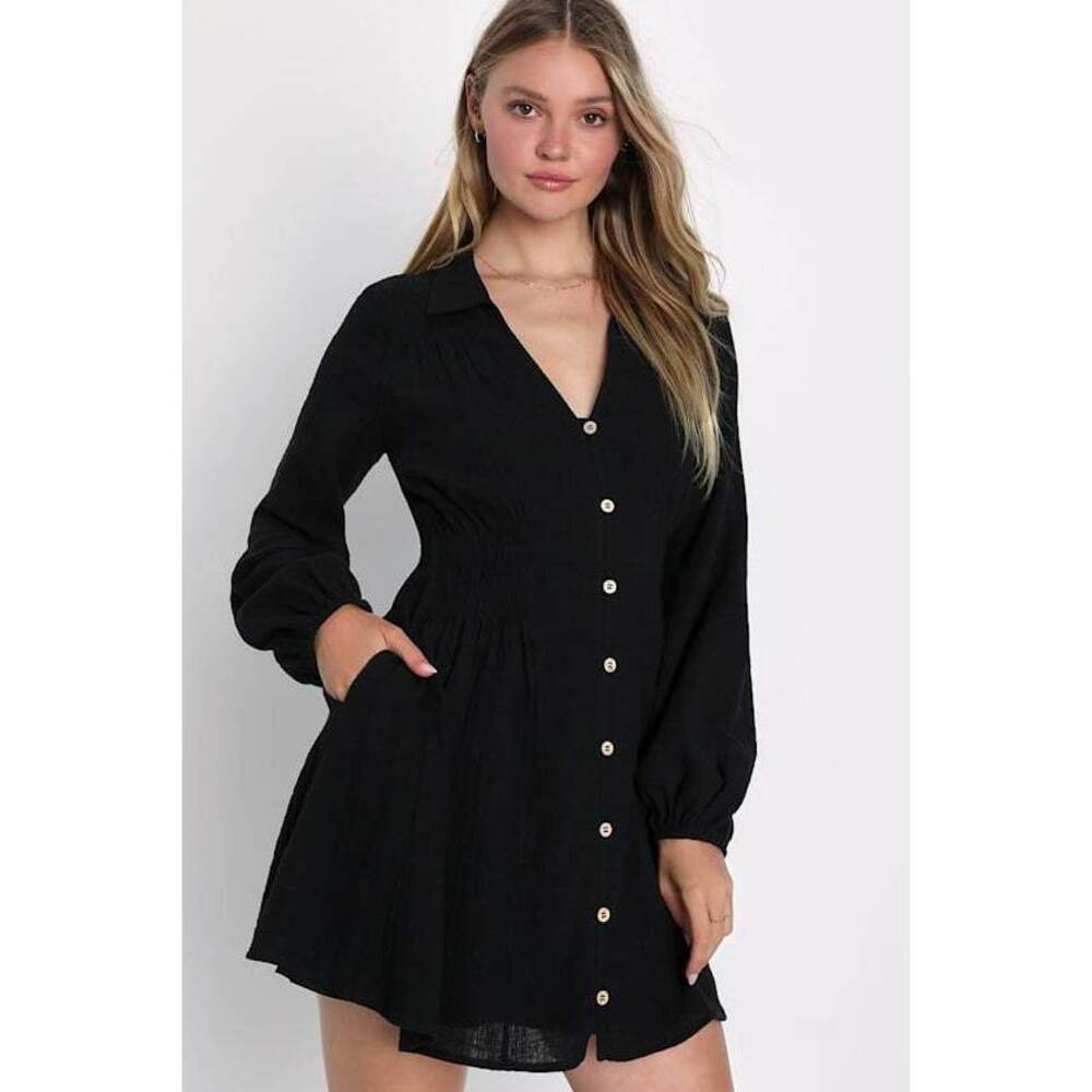 Lulus Best Harvest Black Long Sleeve Button-up Mini Dress With Pockets - Size L